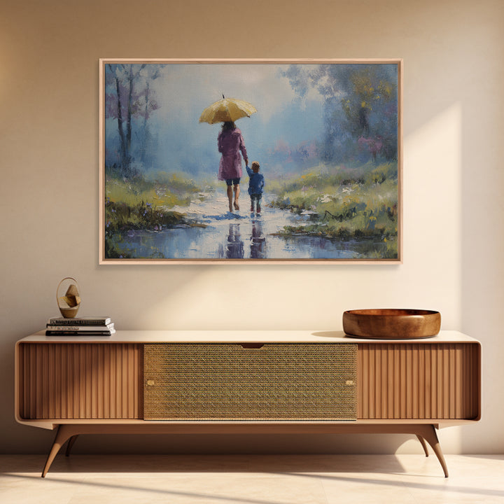 Mother And Child With Yellow Umbrella Rainy Path Canvas Print, Impressionist Landscape Art, Cozy Nursery And Bedroom Decor