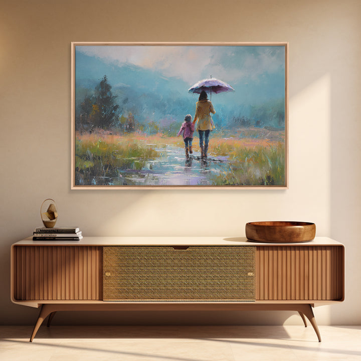Mother And Child Walking With Umbrella Meadow Wall Art, Misty Mountain Landscape Print, Peaceful Nature Decor, Gift For Mom