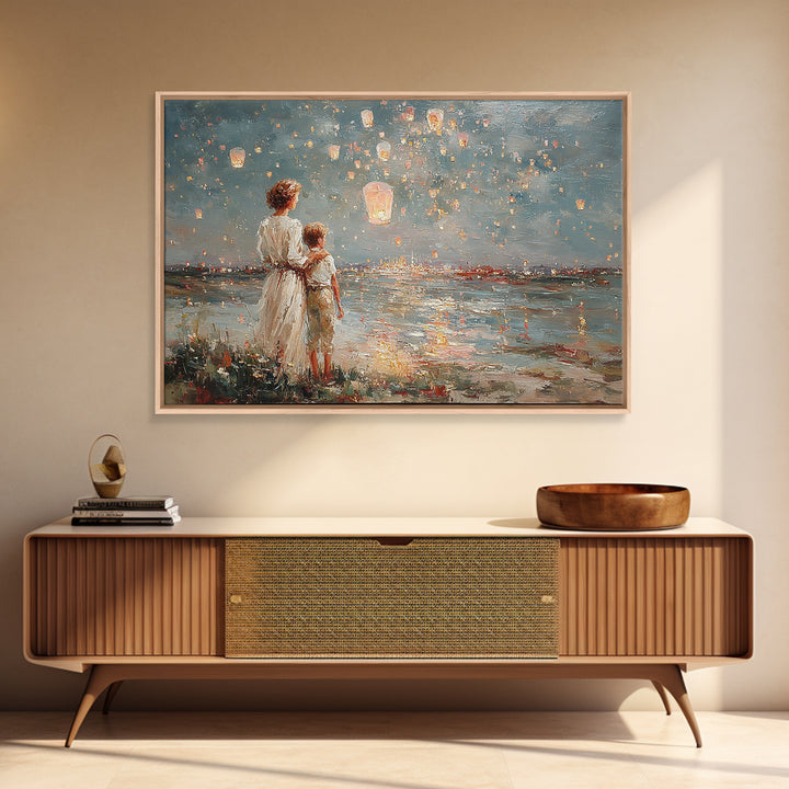 Mother And Son Watching Floating Lanterns Over Water Wall Art, Impressionist Night Lake Print, Romantic Coastal Home Decor