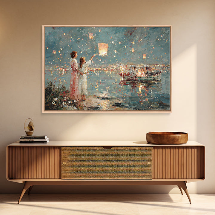 Mother And Daughter Releasing Sky Lanterns By Lake Canvas Print, Impressionist Coastal Night Art, Living Room Wall Decor