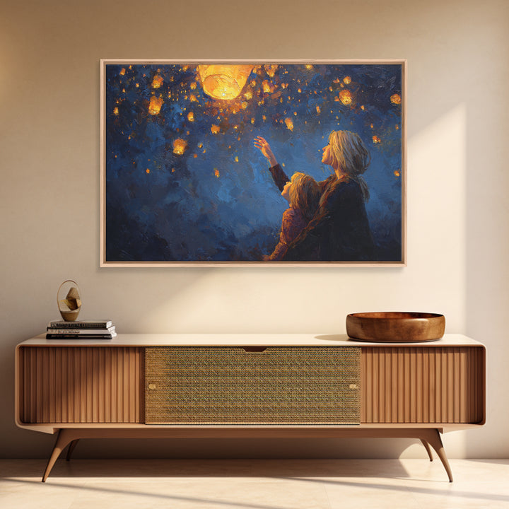 Mother And Child Reaching For Glowing Sky Lantern Canvas Print, Starry Night Wall Art, Celestial Nursery Decor, Gift For Mom