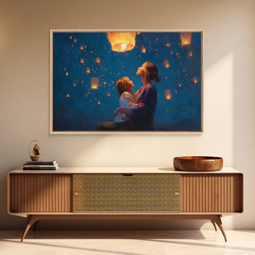 Mother And Child Sky Lanterns At Night Framed Canvas Print, Blue Celestial Wall Art, Nursery Decor, Gift For Mom, Bedroom Decor