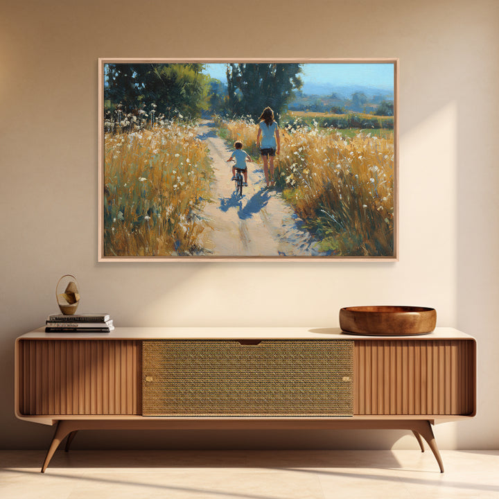 Mother And Child Bicycle Ride On Country Path Canvas Print, Golden Field Wall Art, Farmhouse Decor, Gift For Mom, Rustic Home Decor