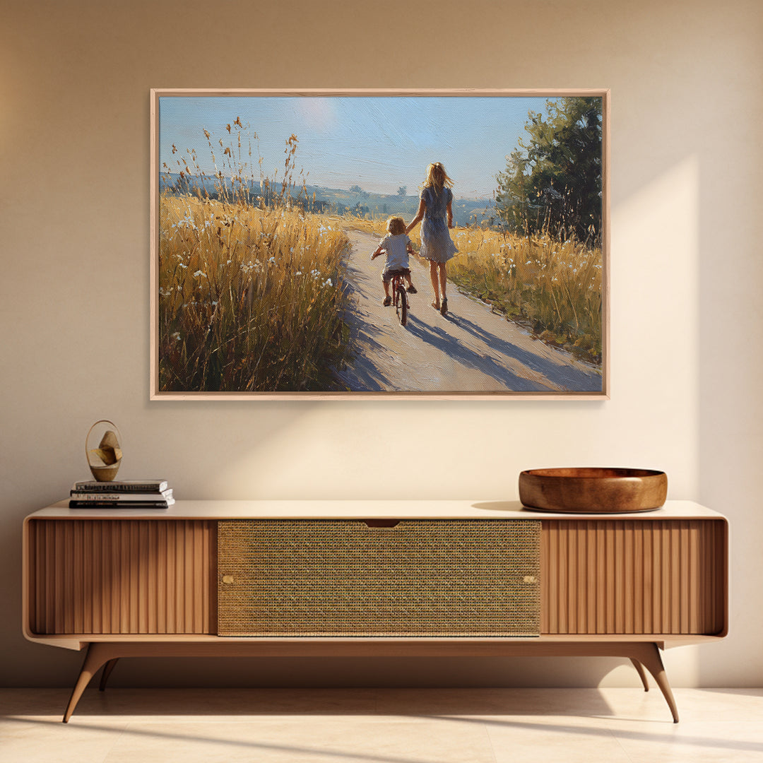 Mother And Child Bike Ride Through Wheat Fields Framed Canvas Print, Summer Landscape Wall Art, Gift For Mom, Home Decor