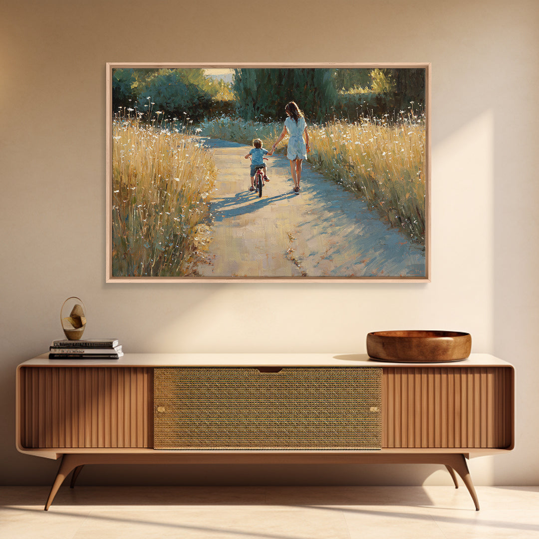 Mother Walking With Child On Bicycle Canvas Print, Golden Meadow Path Wall Art, Rustic Country Decor, Gift For Mom, Home Decor