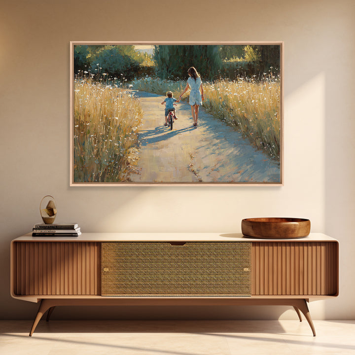 Mother Walking With Child On Bicycle Canvas Print, Golden Meadow Path Wall Art, Rustic Country Decor, Gift For Mom, Home Decor