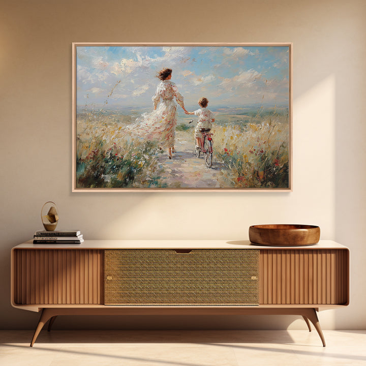 Mother And Child Cycling By Seaside Wildflowers Wall Art, Impressionist Coastal Canvas, Family Gift, Living Room Decor, Housewarming Gift
