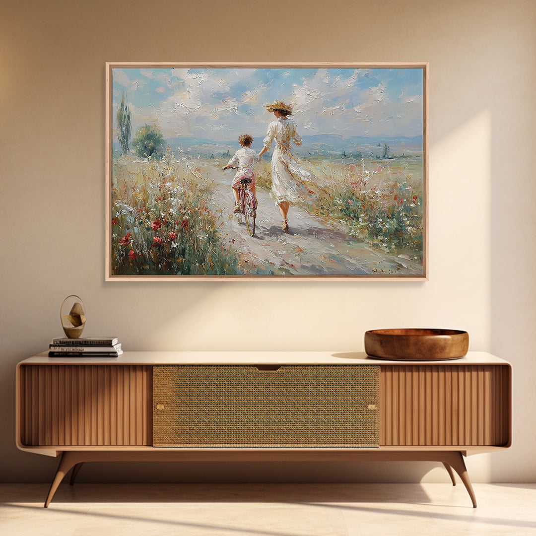 Mother Walking Beside Child On Bicycle Canvas Print, Impressionist Meadow Landscape, Coastal Wall Decor, Gift For Her, Fine Art