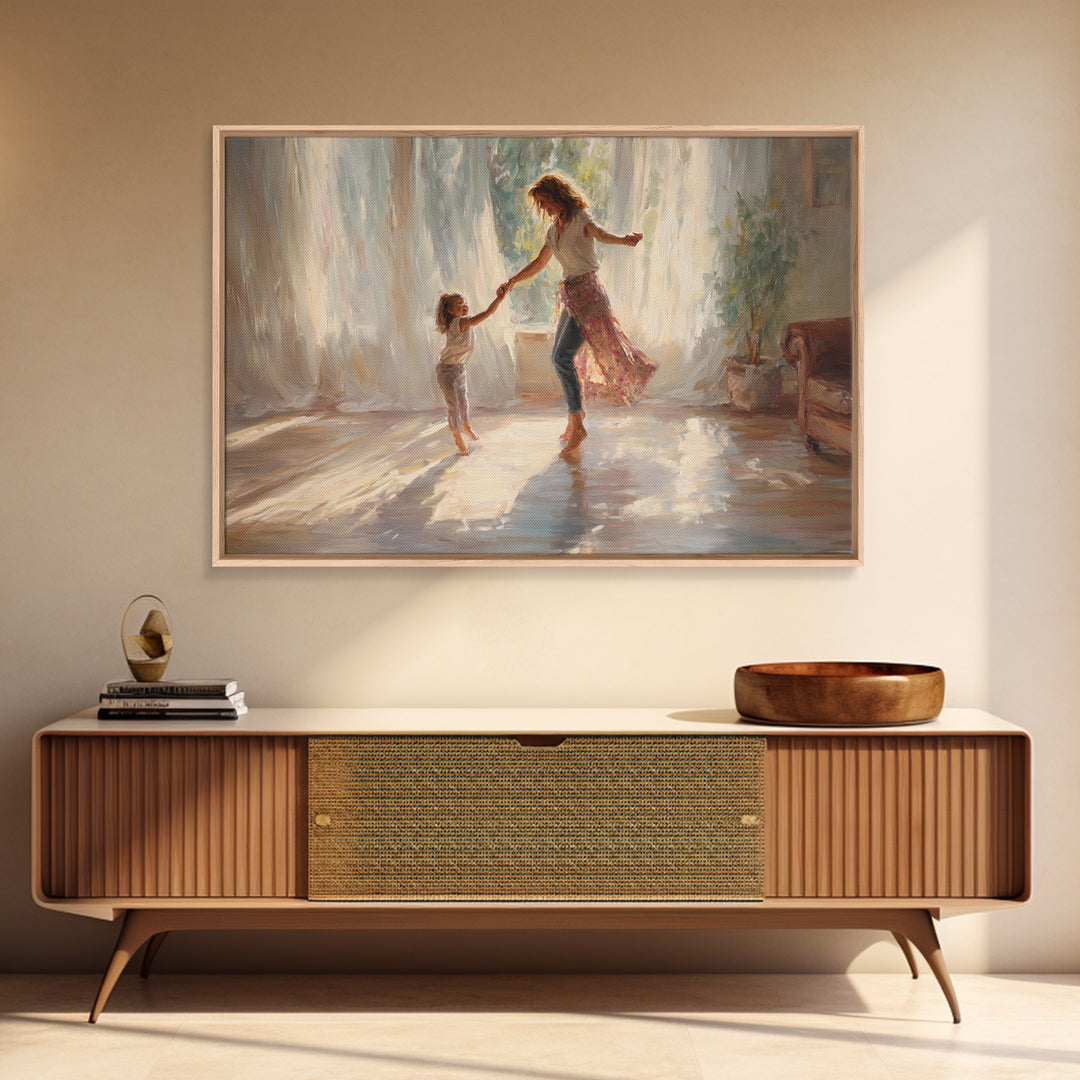Sunlit Mother And Daughter Dancing Wall Art, Impressionist Family Painting, Feminine Bedroom Decor, Gift For Mom, Home Decor
