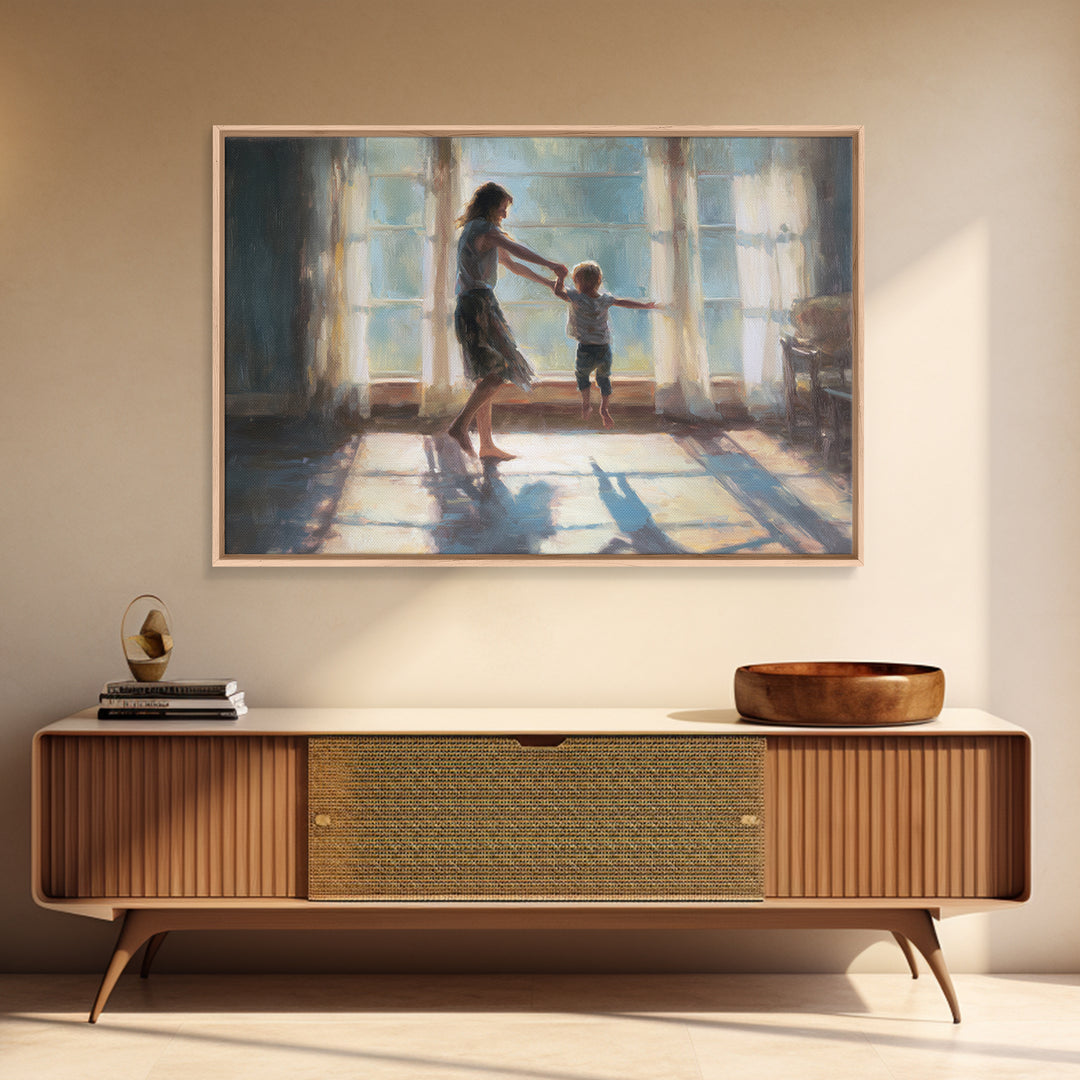 Mother Lifting Toddler In Sunlit Windows Framed Canvas Print, Impressionist Family Wall Decor, Nursery Art, Gift For Her