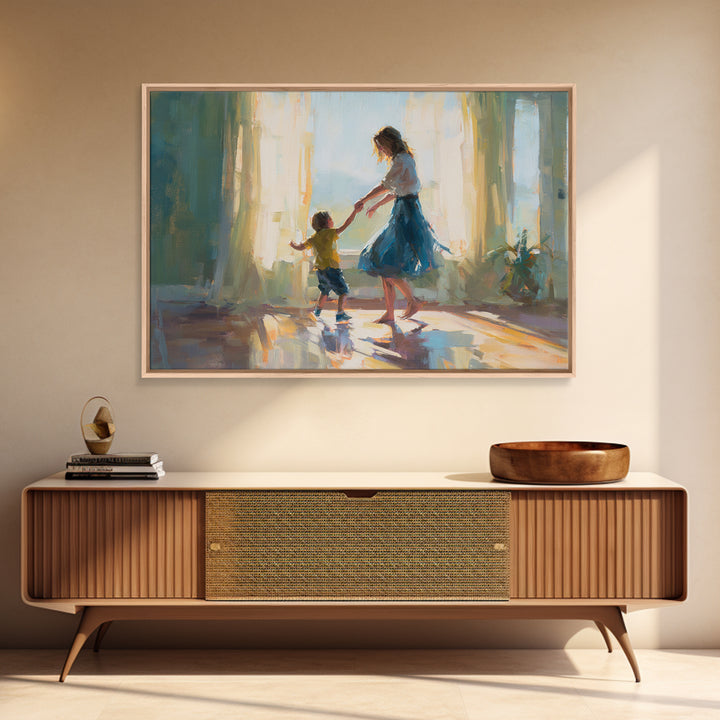 Mother Dancing With Little Boy In Sunlit Room Canvas Print, Impressionist Family Wall Decor, Bedroom Art, Gift For Mom, Home Decor