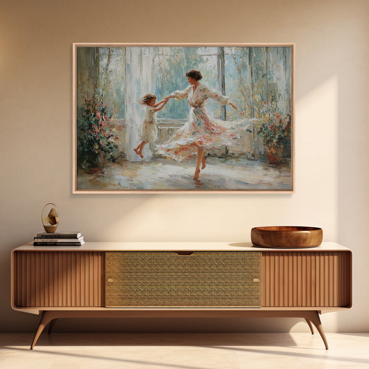 Mother And Daughter Twirling In Sunlit Flower Room Wall Art, Impressionist Family Painting, Feminine Decor, Gift For Mom