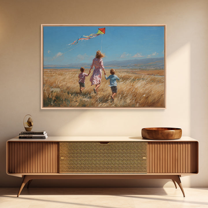 Mother And Children Running With Kite Through Golden Field Canvas Print, Impressionist Landscape, Family Gift, Farmhouse Decor