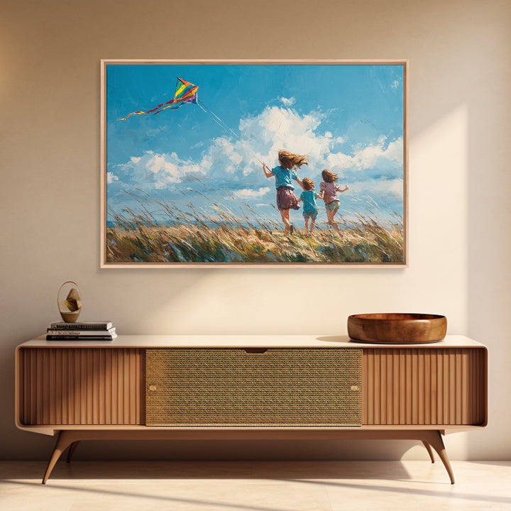Three Children Running With Rainbow Kite Canvas Print, Breezy Coastal Field Wall Art, Kids Room Decor, Nursery Art, Gift For Her