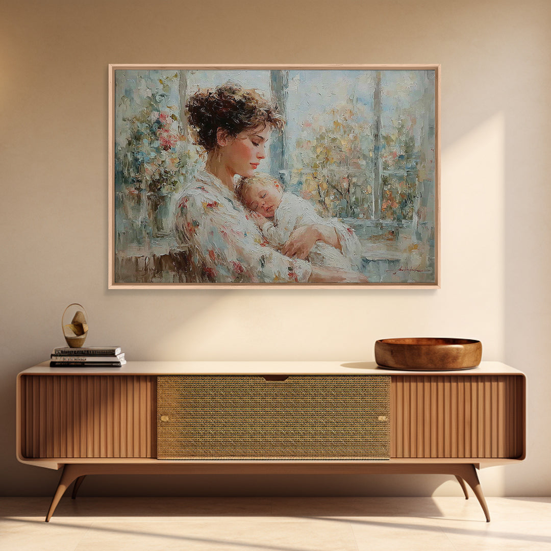 Tender Mother Holding Sleeping Baby Beside Bright Window Wall Art, Impressionist Nursery Decor, Feminine Art, Gift For Her
