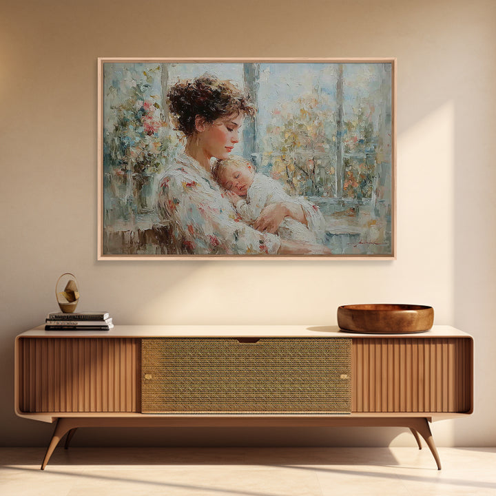 Tender Mother Holding Sleeping Baby Beside Bright Window Wall Art, Impressionist Nursery Decor, Feminine Art, Gift For Her