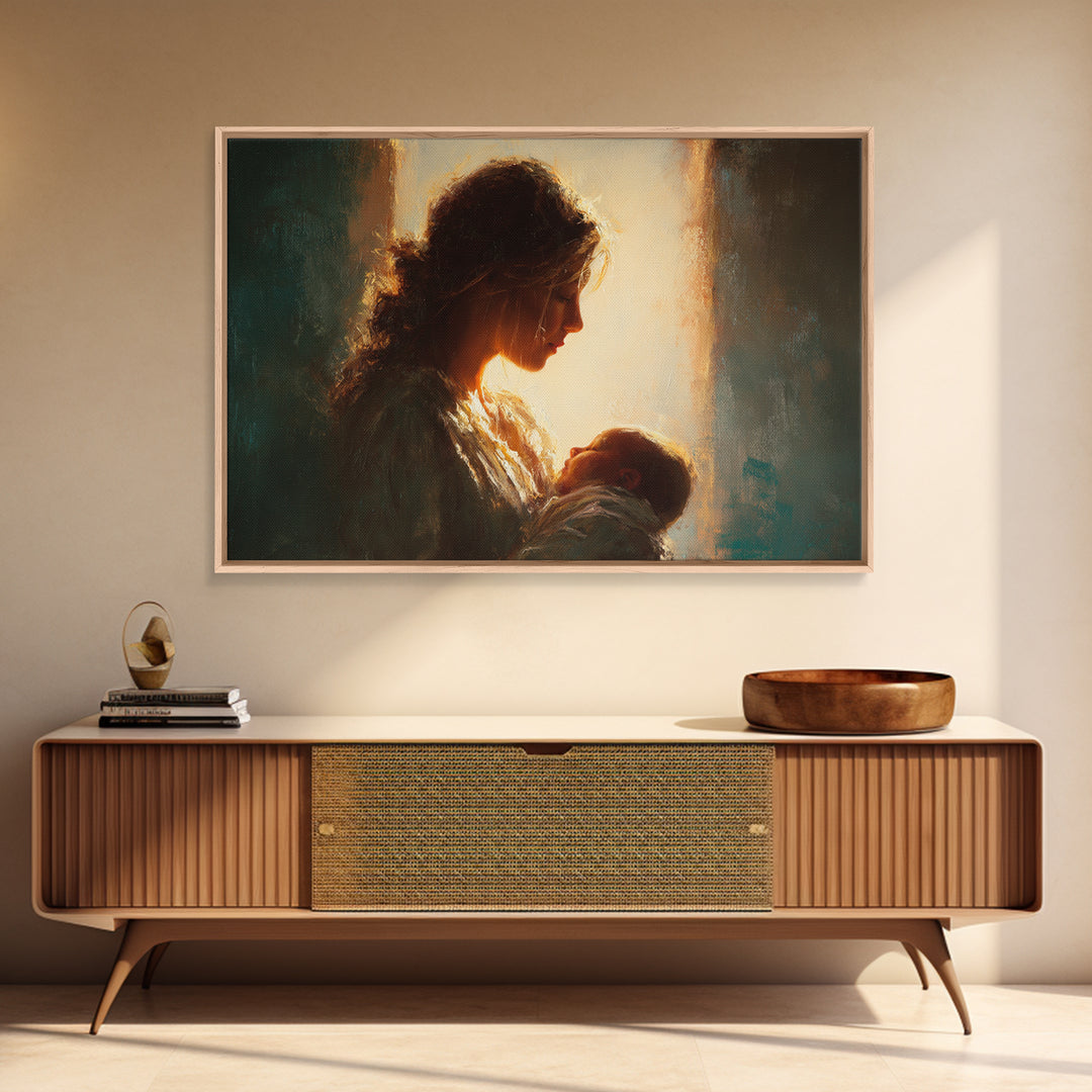 Backlit Mother Holding Newborn In Warm Window Light Wall Art, Moody Portrait, Spiritual Home Decor, Gift For Mom, Nursery Art
