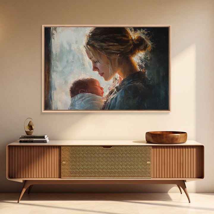 Soft Mother And Newborn Portrait In Window Light Canvas Print, Feminine Wall Art, Baby Nursery Decor, Gift For Mom, New Baby Gift