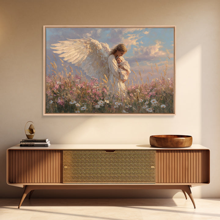 Guardian Angel Holding Baby In Wildflower Meadow Wall Art, Spiritual Nursery Decor, Christian Art Print, Baptism Gift For Her