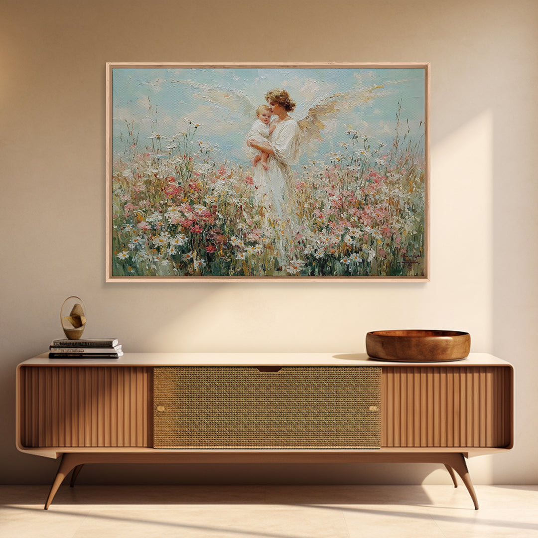 Angel Mother And Baby In Daisy Meadow Canvas Print, Christian Nursery Wall Art, Floral Home Decor, Mothers Day Gift For Mom