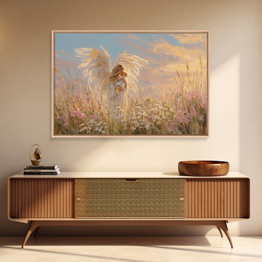 Golden Winged Angel With Baby At Sunset Framed Canvas Print, Christian Wall Art, Nursery Decor, Spiritual Gift For Mother
