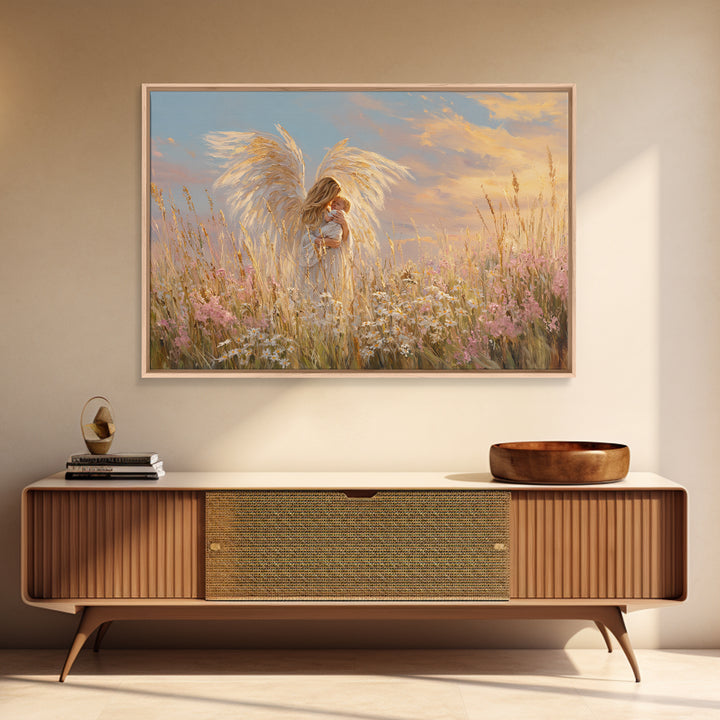 Golden Winged Angel With Baby At Sunset Framed Canvas Print, Christian Wall Art, Nursery Decor, Spiritual Gift For Mother