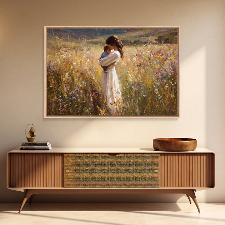 Mother Cradling Newborn In Sunlit Wildflowers Wall Art, Impressionist Oil Painting, Floral Nursery Decor, Gift For New Mom