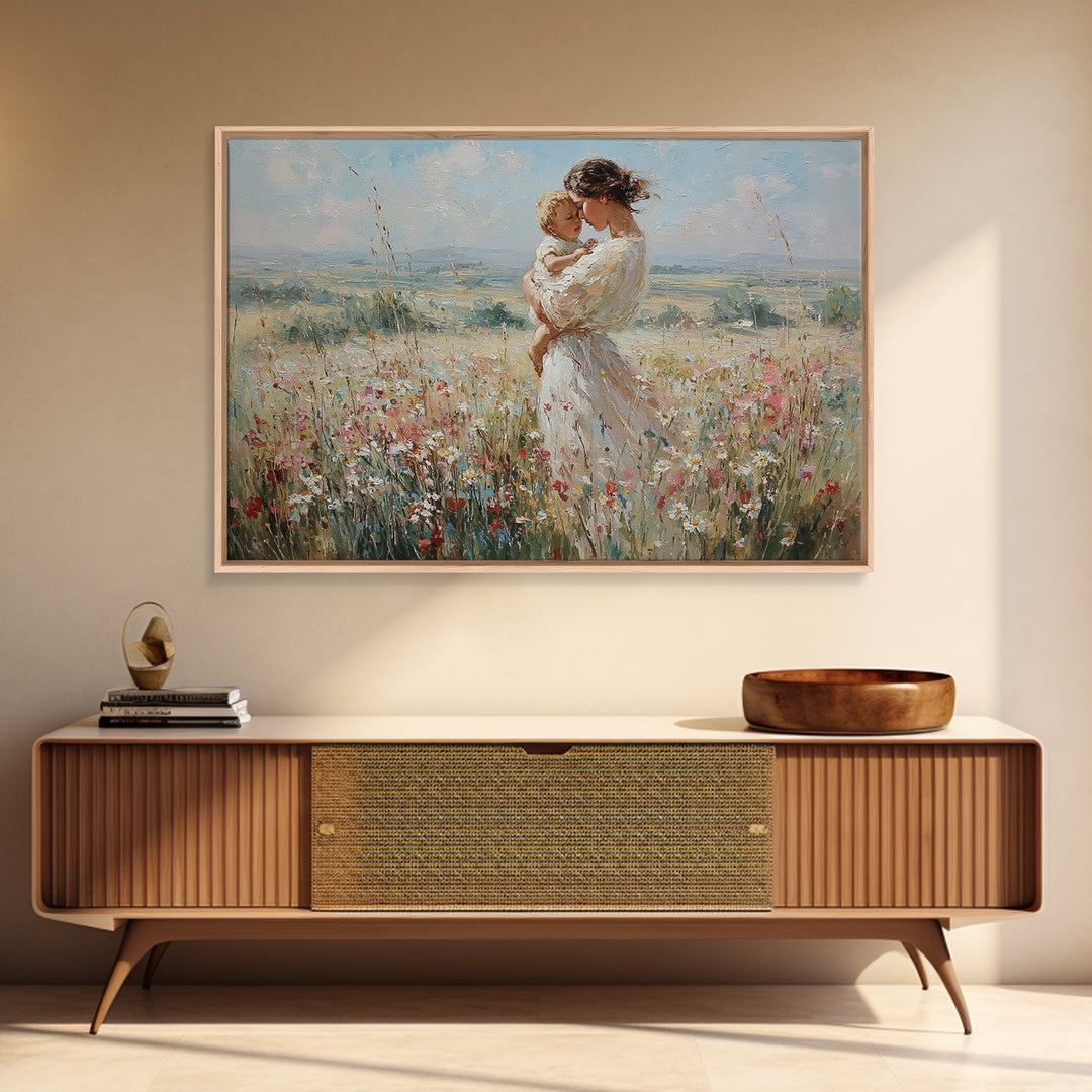 Mother And Child In Breezy Wildflower Field Canvas Print, Impressionist Wall Art, Nursery Decor, Baby Shower Gift For Mom