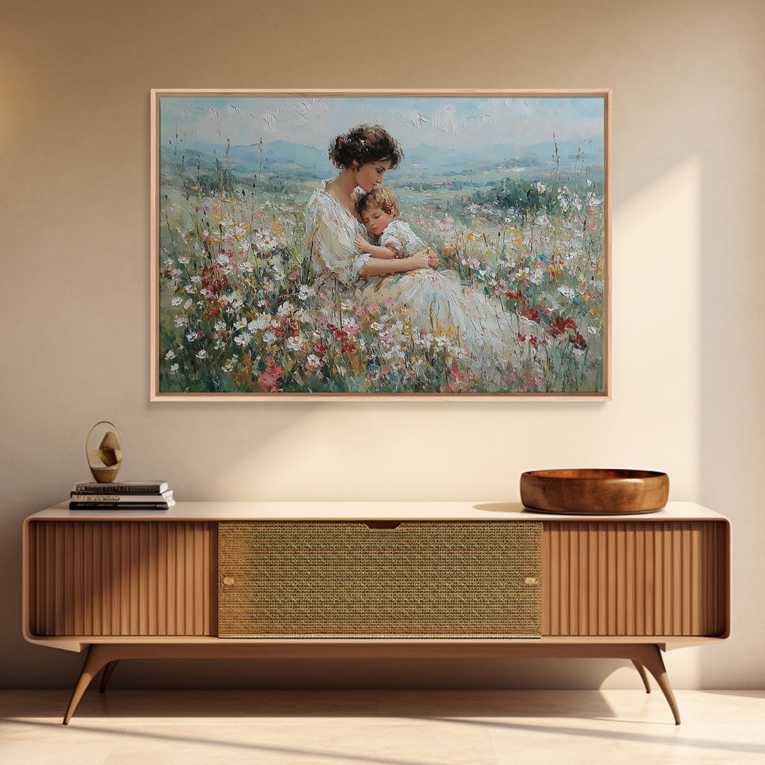 Seated Mother And Child Among Daisies Framed Canvas Print, Impressionist Wall Art, Floral Nursery Decor, Gift For New Mom