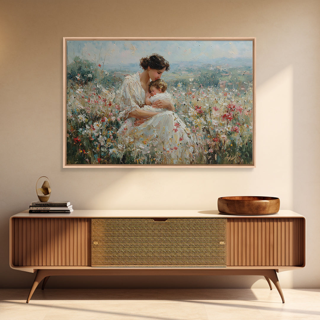 Mother Nursing Baby In Wildflower Meadow Wall Art, Impressionist Oil Painting, Christian Nursery Decor, Gift For New Mom