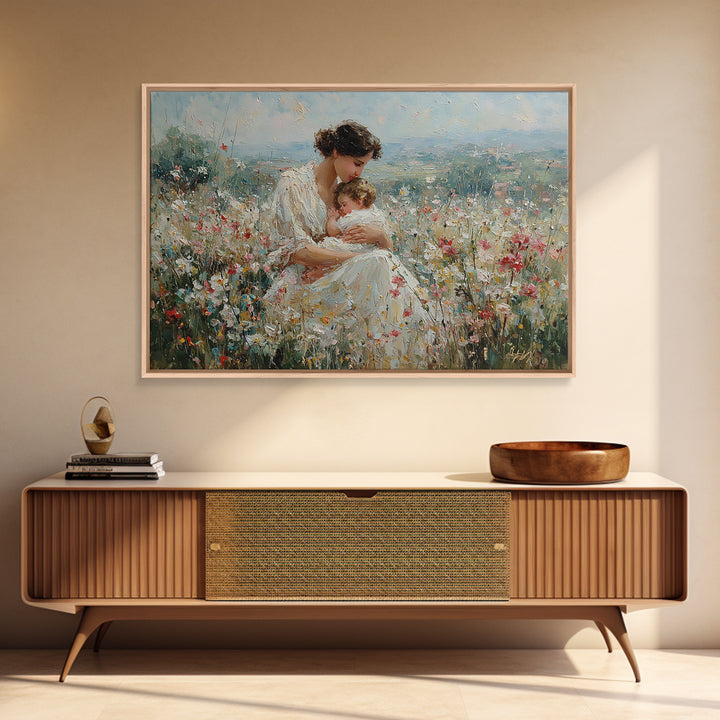 Mother Nursing Baby In Wildflower Meadow Wall Art, Impressionist Oil Painting, Christian Nursery Decor, Gift For New Mom