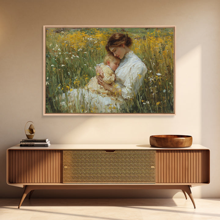 Mother And Sleeping Child In Yellow Wildflowers Canvas Print, Impressionist Wall Art, Floral Nursery Decor, Gift For Mom