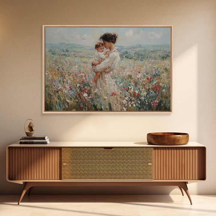 Mother Holding Baby In Mountain Wildflower Field Wall Art, Impressionist Canvas Print, Nursery Decor, Mothers Day Gift For Mom