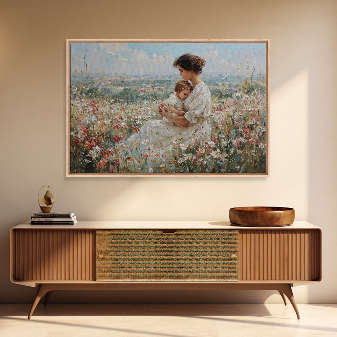 Seated Mother And Baby In Hilltop Wildflowers Canvas Print, Impressionist Landscape Art, Nursery Decor, Motherhood Gift For Her