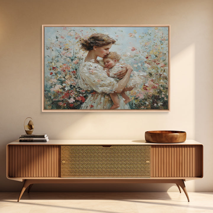 Tender Mother And Sleeping Baby In Floral Breeze Framed Canvas Print, Impressionist Wall Art, Nursery Decor, Gift For Mom