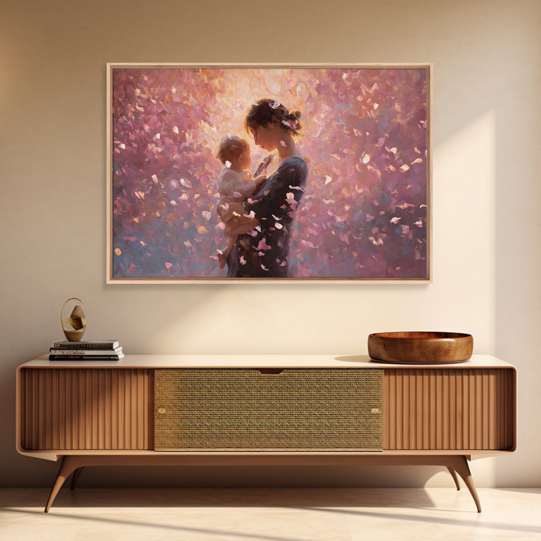 Backlit Mother And Baby In Blush Petals Wall Art, Romantic Impressionist Canvas, Feminine Nursery Decor, Gift For Her, Home Decor