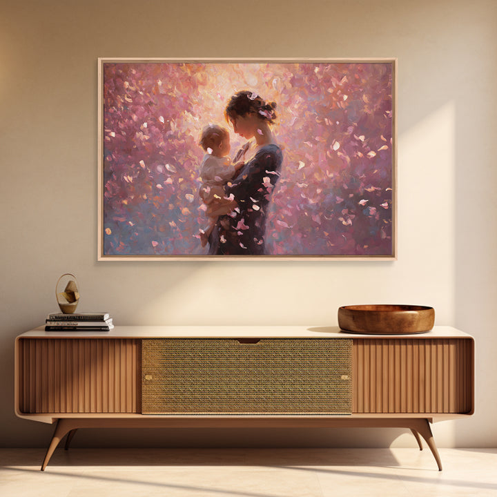 Backlit Mother And Baby In Blush Petals Wall Art, Romantic Impressionist Canvas, Feminine Nursery Decor, Gift For Her, Home Decor