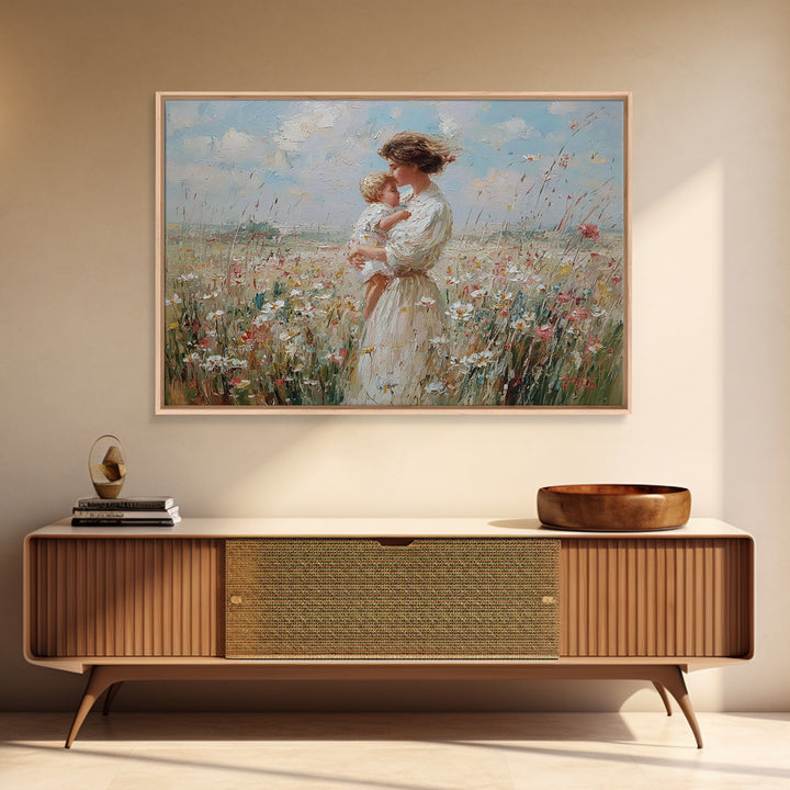 Mother Kissing Baby In Sunny Wildflower Field Wall Art, Impressionist Floral Canvas Print, Nursery Decor, Gift For Mom, Home Decor