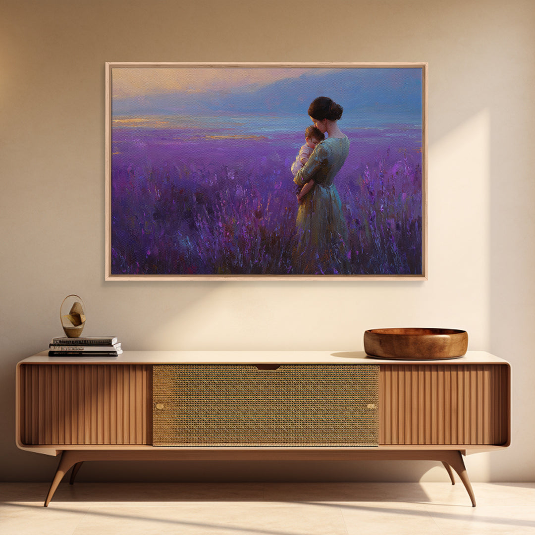 Mother And Baby In Lavender Sunset Field Wall Art, Impressionist Landscape Canvas Print, Purple Bedroom Decor, Gift For Her
