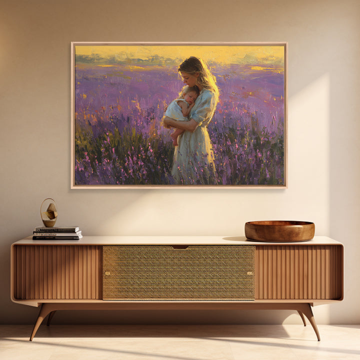 Mother And Baby In Lavender Sunset Wall Art, Impressionist Oil Painting Print, Feminine Nursery Decor, Gift For Mom, Mothers Day Gift