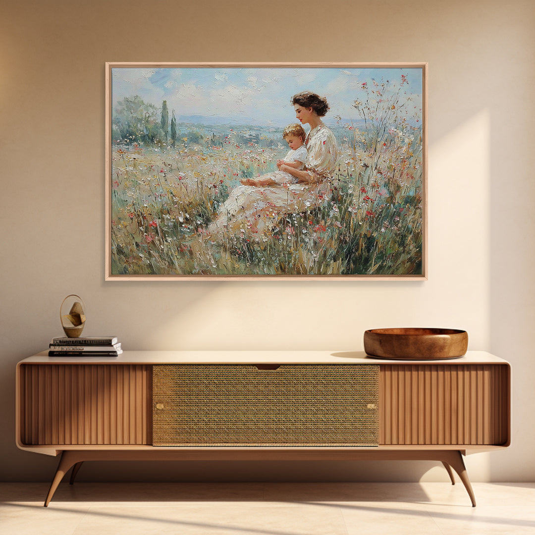 Mother And Child In Wildflower Meadow Canvas Print, Impressionist Landscape Art, Soft Nursery Decor, Gift For Mom, Fine Art