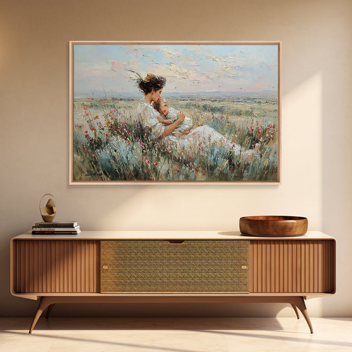 Mother Cradling Baby In Wildflower Meadow Wall Art, Impressionist Oil Painting Print, Nursery Wall Decor, Gift For Mom, Mothers Day Gift