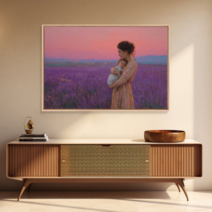 Mother And Baby In Pink Lavender Field Framed Canvas Print, Romantic Nursery Wall Art, Impressionist Landscape, Gift For Mom