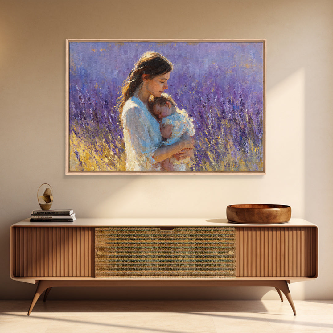 Tender Mother And Sleeping Baby Lavender Wall Art, Impressionist Oil Painting Print, Feminine Nursery Decor, Gift For Mom