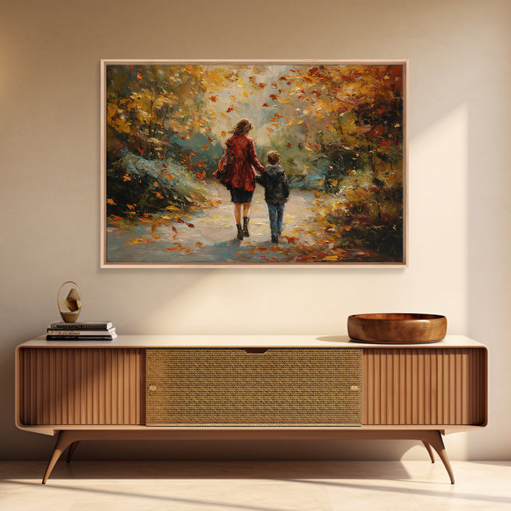 Mother And Son Walking Through Autumn Park Canvas Print, Impressionist Fall Landscape Wall Art, Cozy Home Decor, Gift For Mom