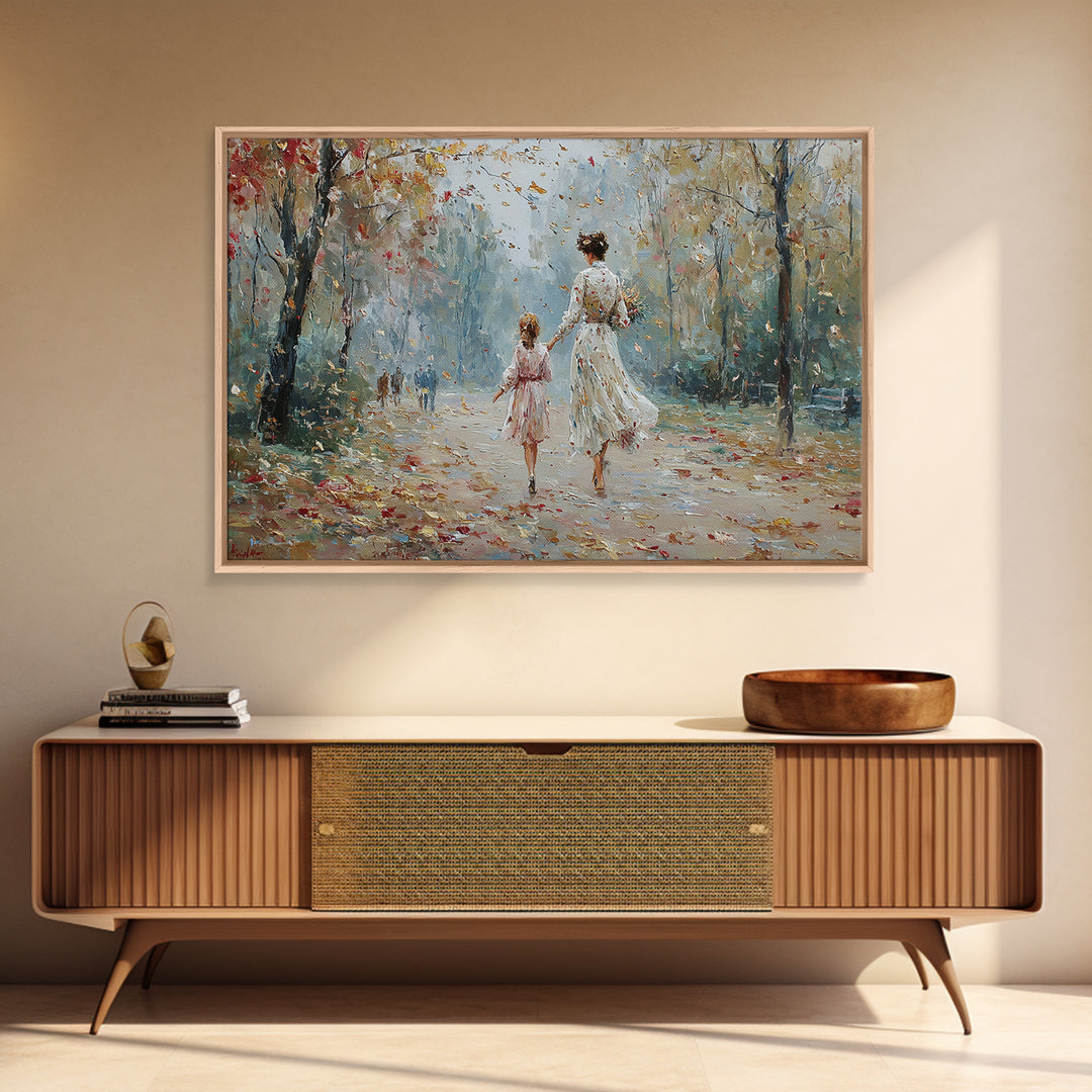 Mother And Daughter Strolling In Spring Park Wall Art, Impressionist Oil Painting Print, Feminine Home Decor, Gift For Mom