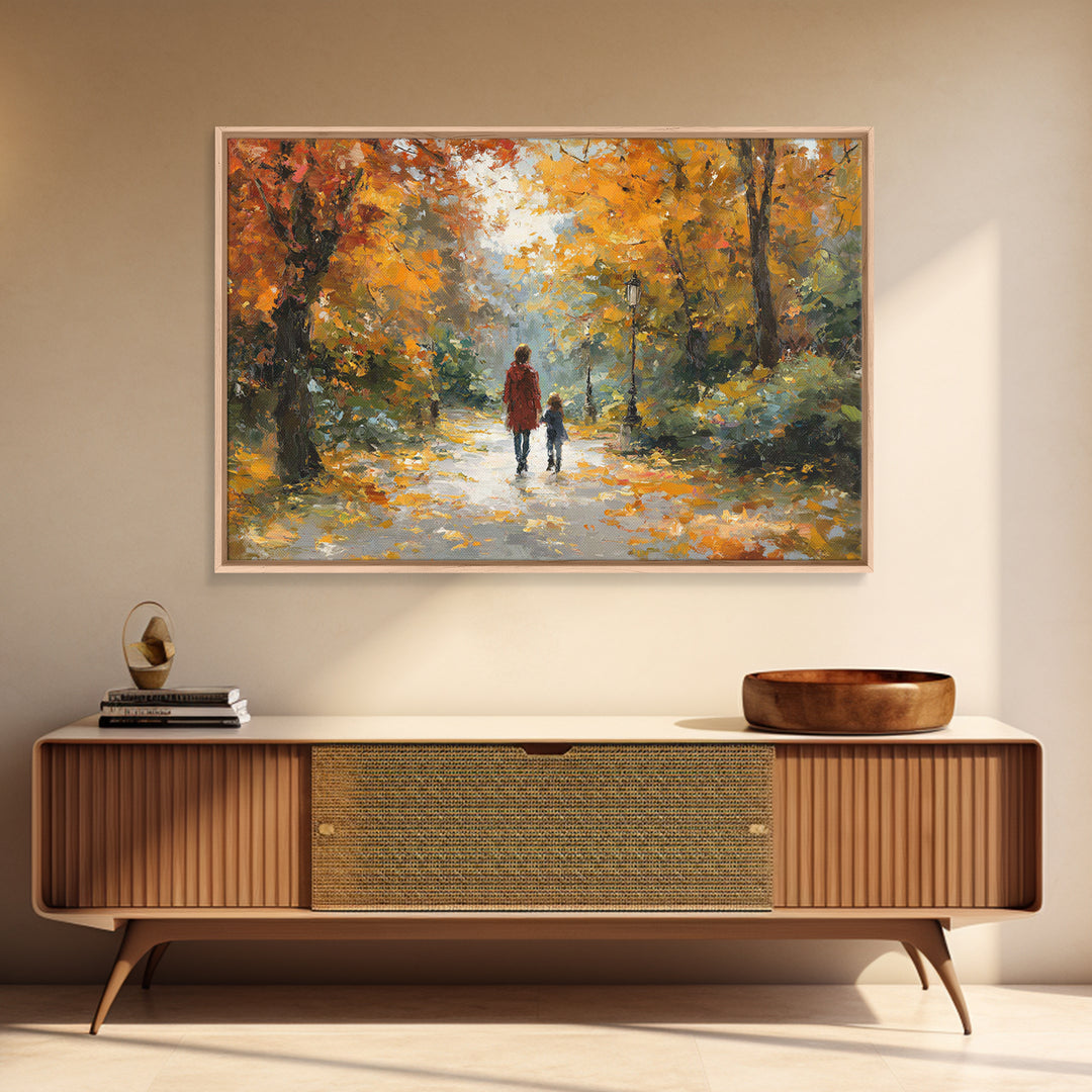 Mother And Child In Golden Autumn Park Framed Canvas Print, Impressionist Fall Landscape Wall Art, Cozy Living Room Decor
