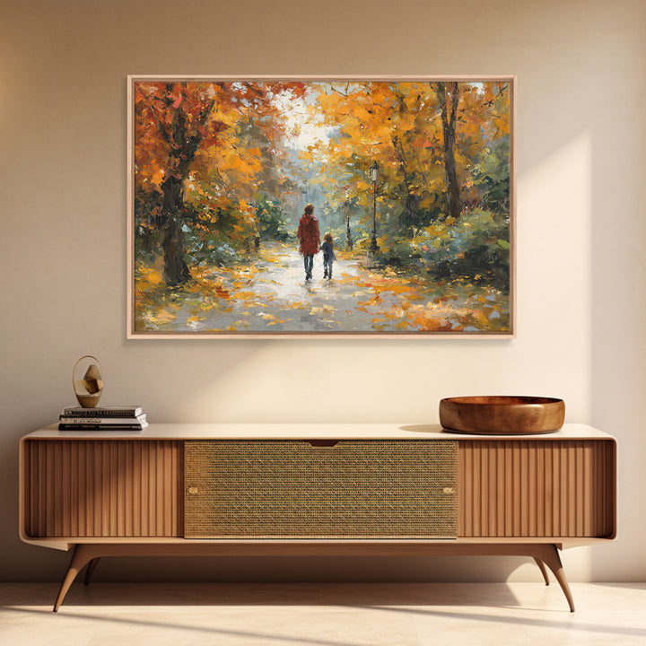 Mother And Child In Golden Autumn Park Framed Canvas Print, Impressionist Fall Landscape Wall Art, Cozy Living Room Decor