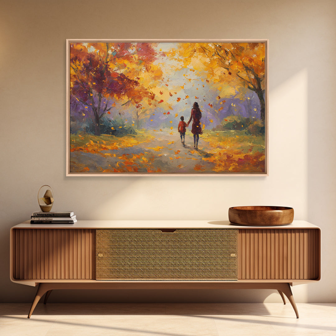 Mother And Child Under Golden Autumn Trees Canvas Print, Impressionist Fall Landscape Wall Art, Cozy Home Decor, Gift For Mom
