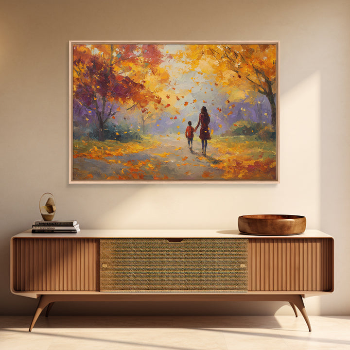 Mother And Child Under Golden Autumn Trees Canvas Print, Impressionist Fall Landscape Wall Art, Cozy Home Decor, Gift For Mom